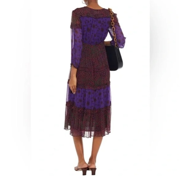 New BA&SH Gypsie Tiered Printed Crepe Midi Dress Purple Violet NWT Bohemian 4 - Picture 2 of 15